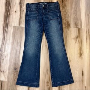 American Eagle AE Womens Size 8 Vintage Flare Low Rise Dark Wash Jeans Y2K Paint